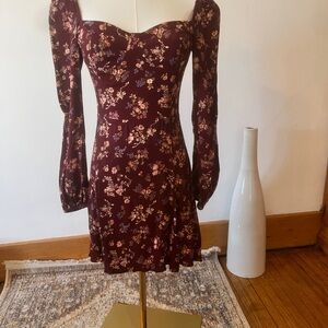 Reformation Mochi Wine Floral Long-Sleeve Mini Dress